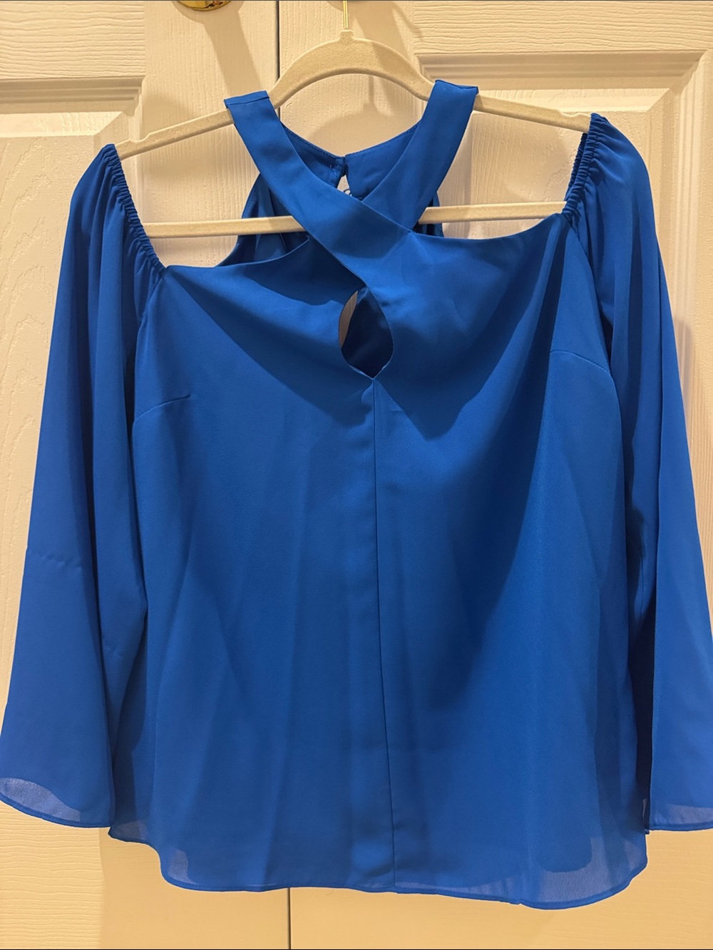INC International Concepts Cobalt Blue Cold-Shoulder Blouse with Cross-Back